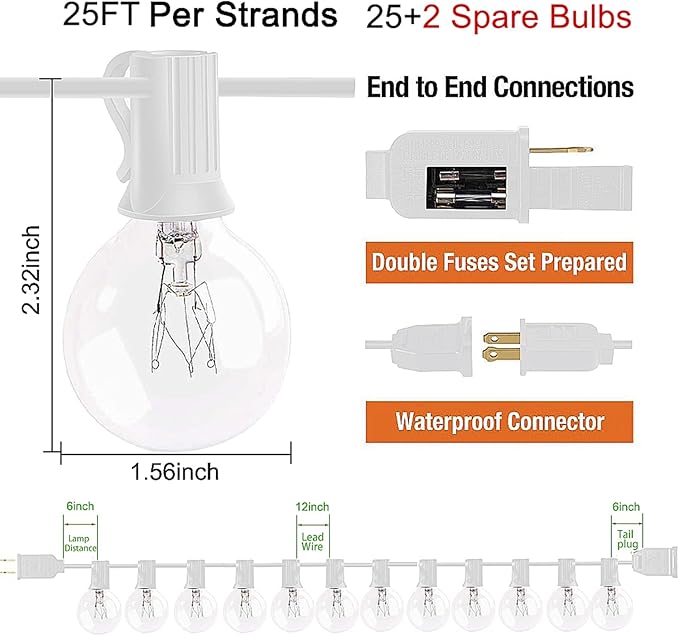 String Lights 25 ft Waterproof G40 Edison Bulbs with 2 Spares