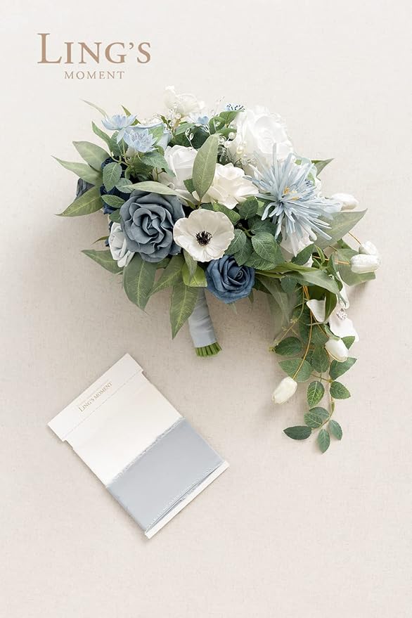Artificial Bridal Bouquet, Dusty Blue Cascade with Pearls, 15 Inch