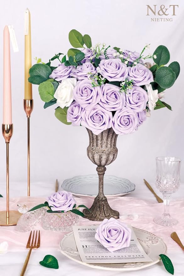 Artificial Flowers, 50 Count Lavender Latex Foam Roses with Wire Stems