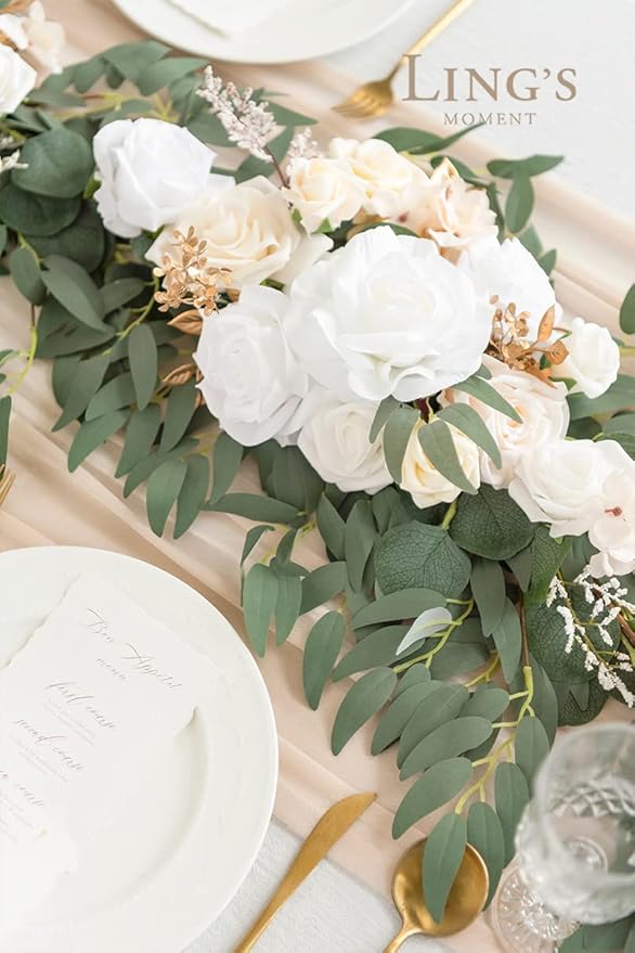 Artificial Flower Garland 6 Ft Eucalyptus, White and Beige