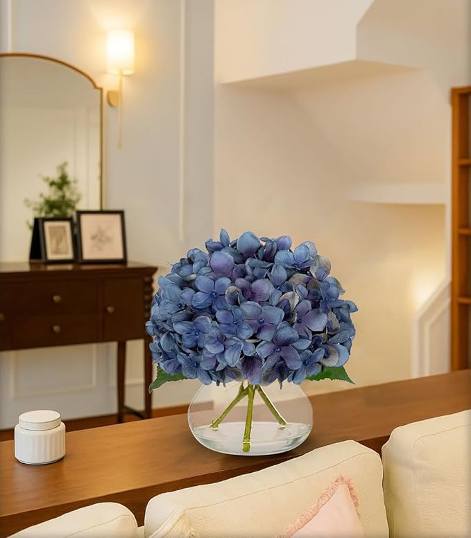 Artificial Flowers: Dark Blue Silk Hydrangea Arrangement with Glass Vase