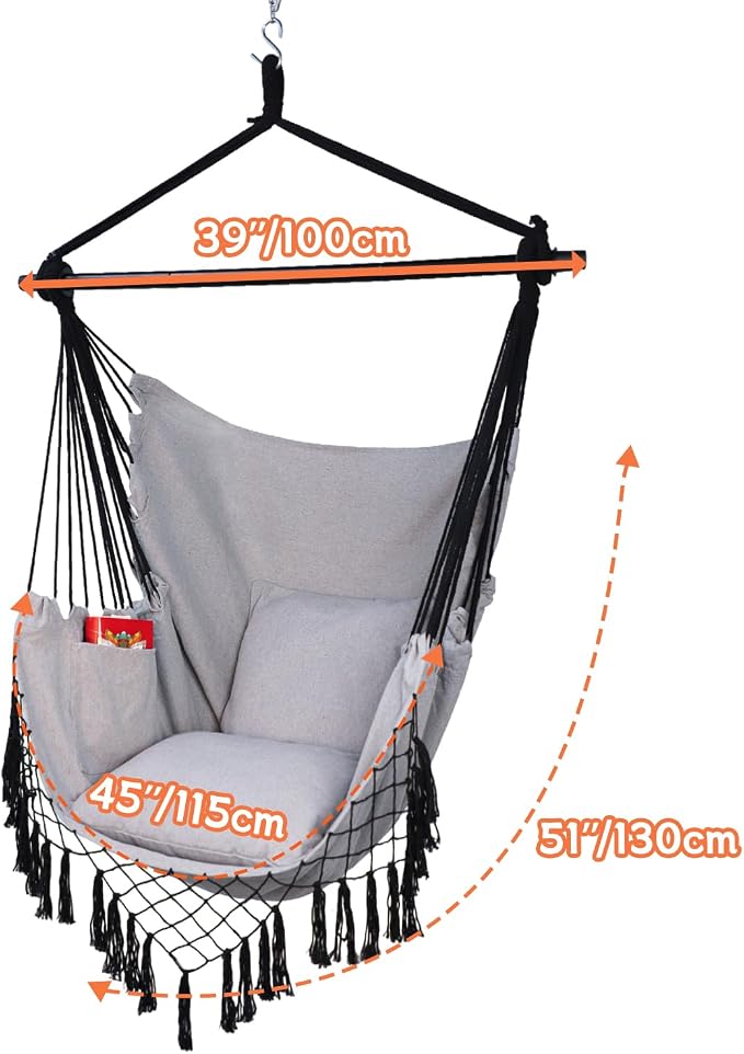 Hammock Chair Hanging Rope Swing Chair, Max 450 Lbs, Large Hanging Chair - Image 4