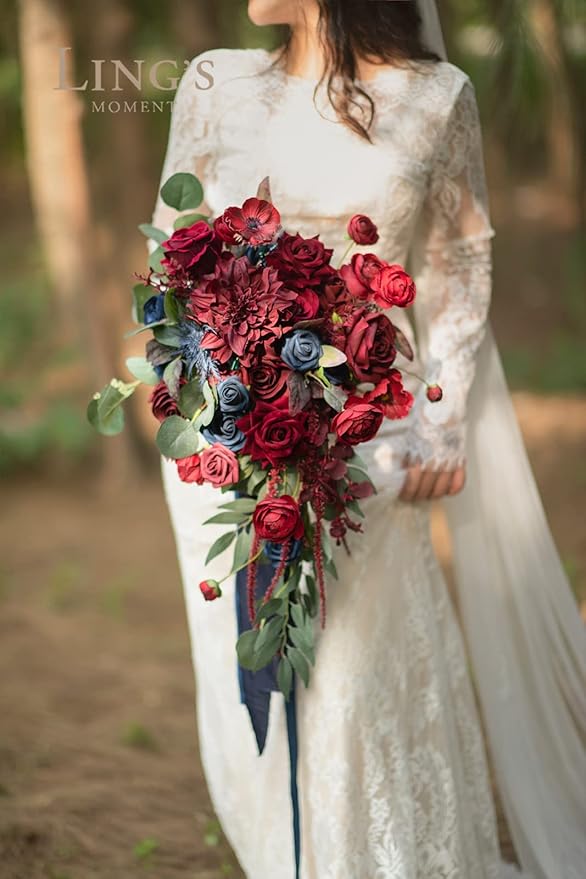Artificial Flowers Cascading Bridal Bouquet, Burgundy Navy Blue, 15in