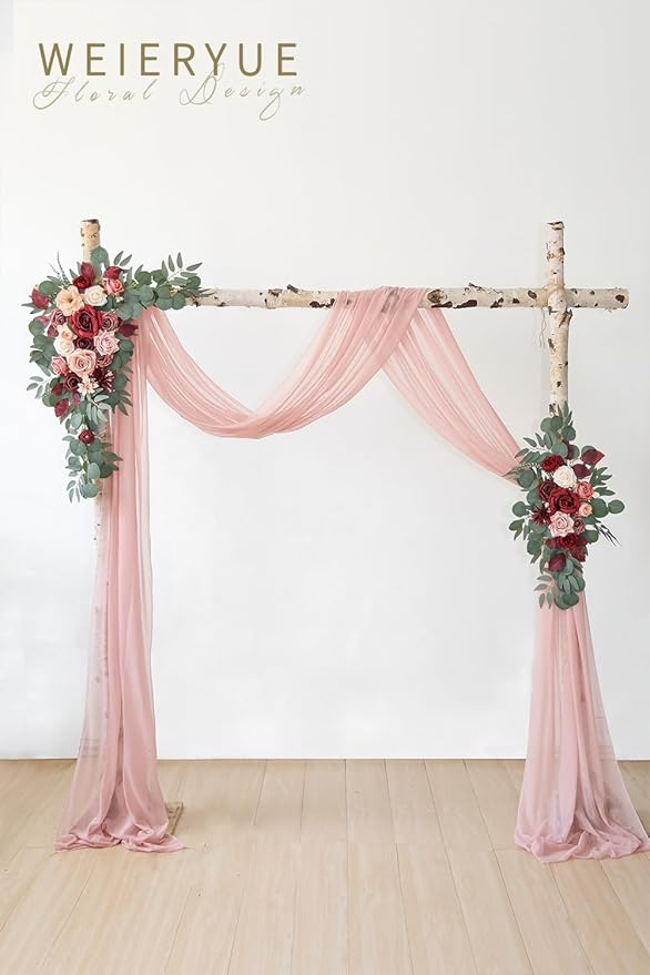 Artificial Flowers Wedding Arch Swag Kit in Cream Red with Chiffon Drape