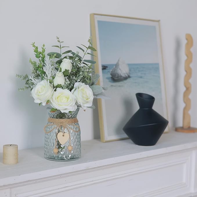 Artificial Flowers with Glass Vase, 14.5-Inch White Silk Roses Bouquet