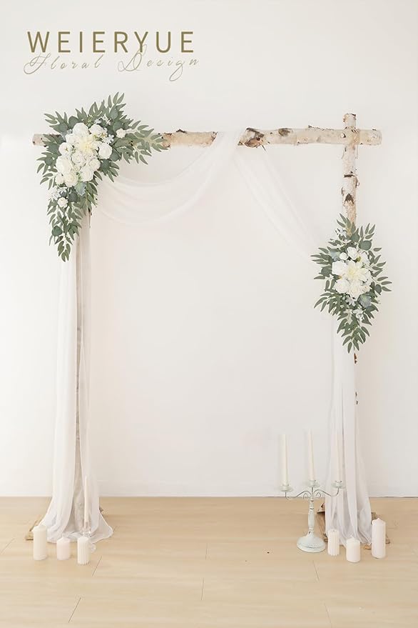 Artificial Flowers Wedding Arch Kit, White Rose Swags with Chiffon Drape