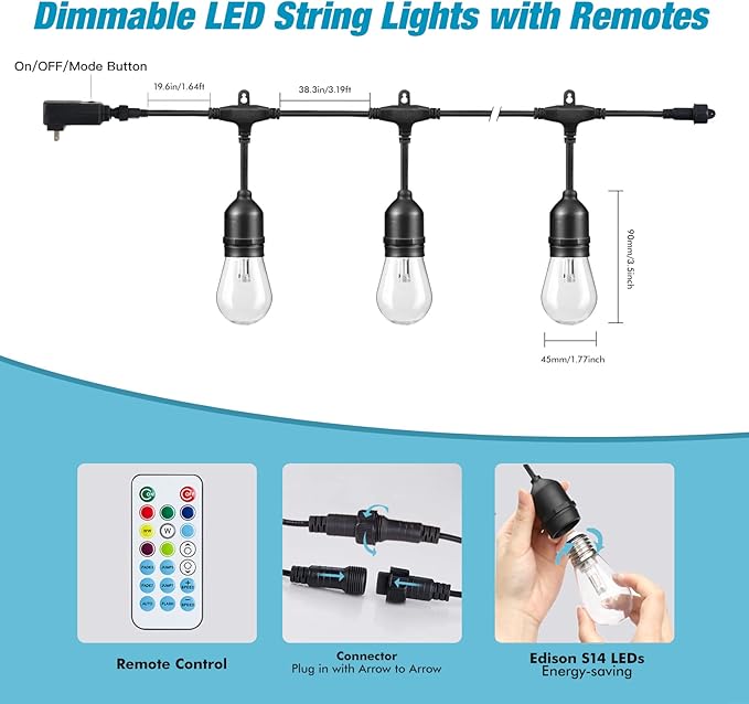 Outdoor LED String Lights 48 FT Multicolor with Remote, IP65 Waterproof