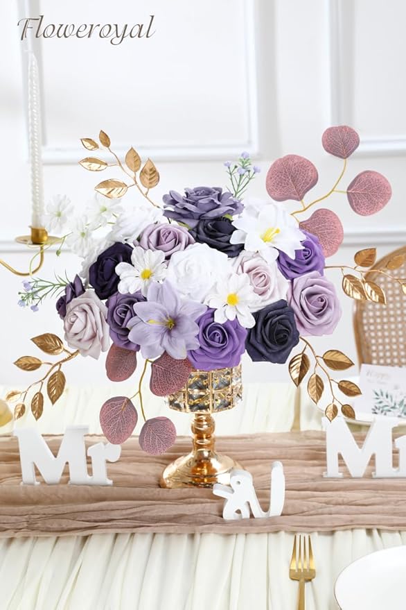 Artificial Flowers, Dark Purple Silk Mix with Roses and Eucalyptus