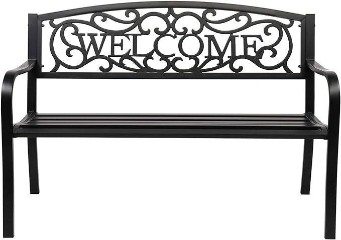VINGLI Outdoor Bench for Patio Metal Garden Bench w/PVC Back Pattern by VINGLI