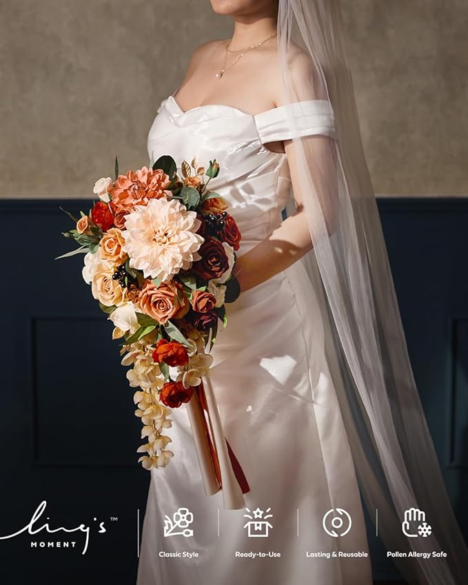 Artificial Flowers Bridal Bouquet, Terracotta Cascade, Silk