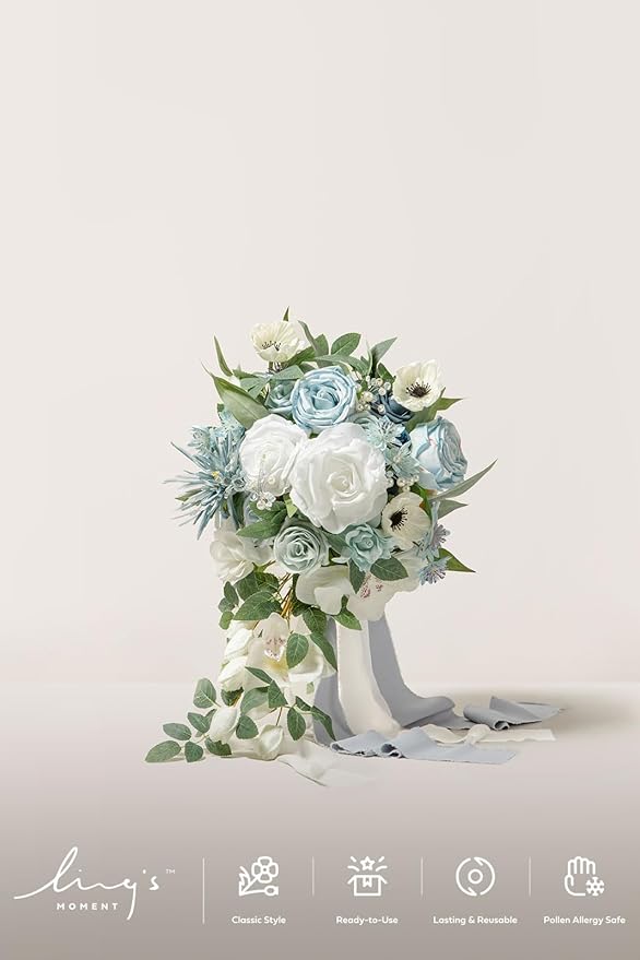 Artificial Bridal Bouquet, Dusty Blue Cascade with Pearls, 15 Inch