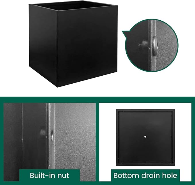 Galvanized Steel Planter Box Black Metal Planter 16Inch Square Indoor Outdoor - Image 3
