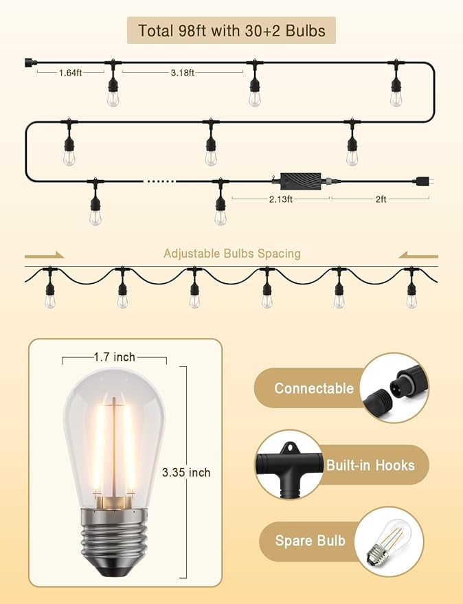 String Lights with Dimmable Warm White Edison Bulbs, IP65 Waterproof