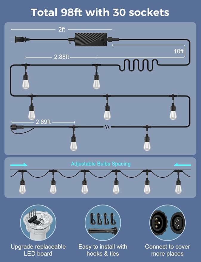 XMCOSY+ Smart Outdoor String Lights, 98Ft Patio Lights Waterproof, App Control - Image 8