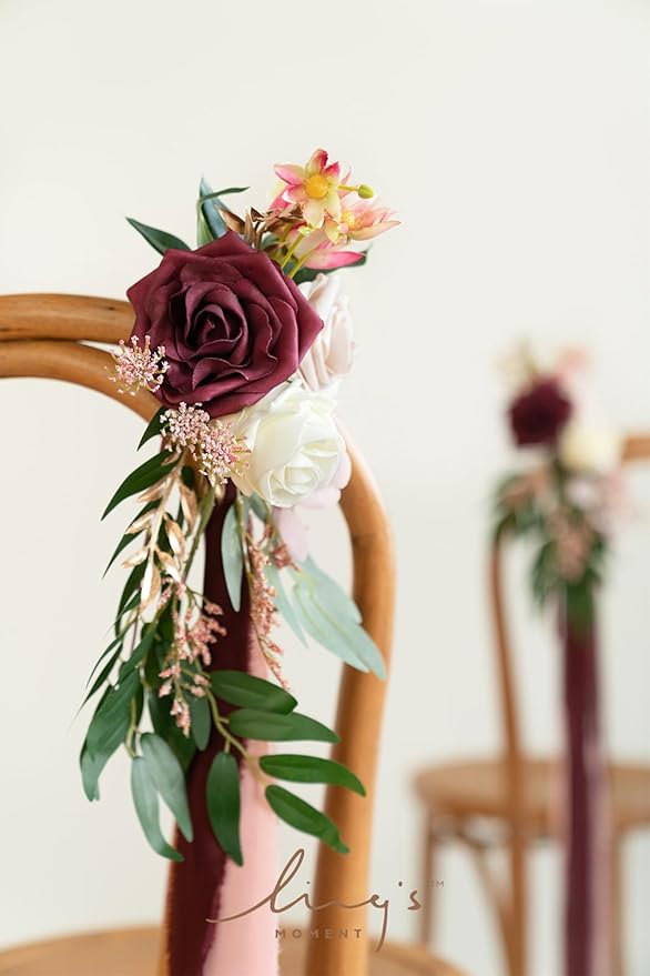 Artificial Rose Aisle Pew Flowers, 8 Pcs Marsala Blush Wedding Chair Decor
