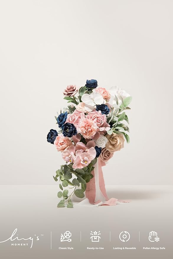 Artificial Flowers Bridal Bouquet, Dusty Rose and Navy Blue Cascade, 15 Inch