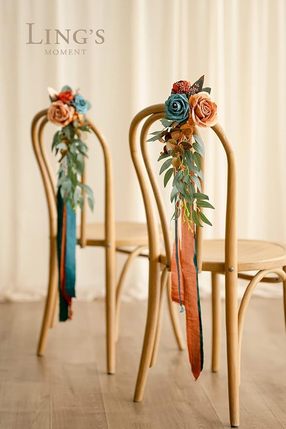 Artificial Flowers Set of 8 Aisle Pew Decor in Dark Teal and Burnt Orange