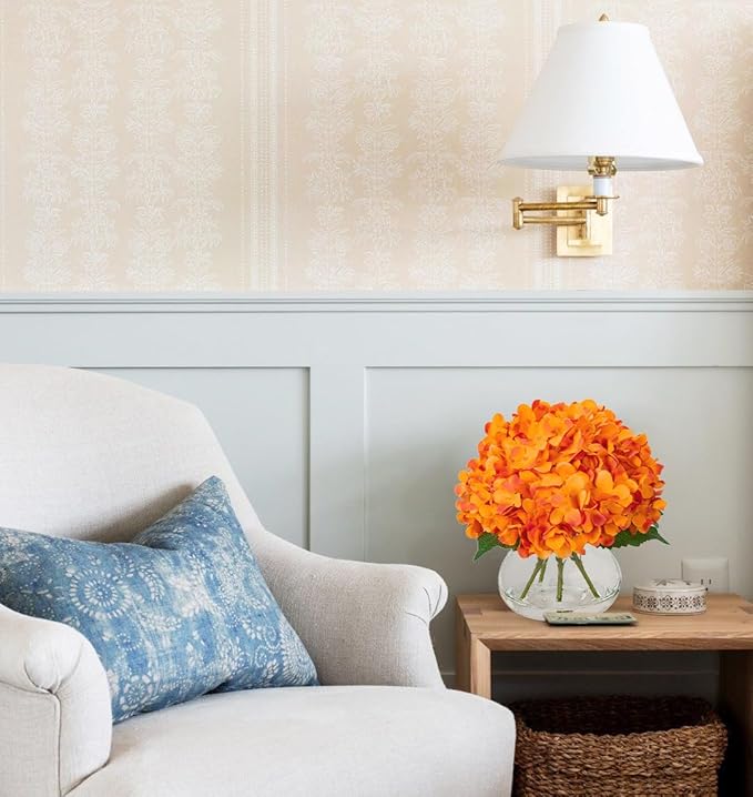 Artificial Hydrangea Flowers with Glass Vase, Orange Silk Arrangement