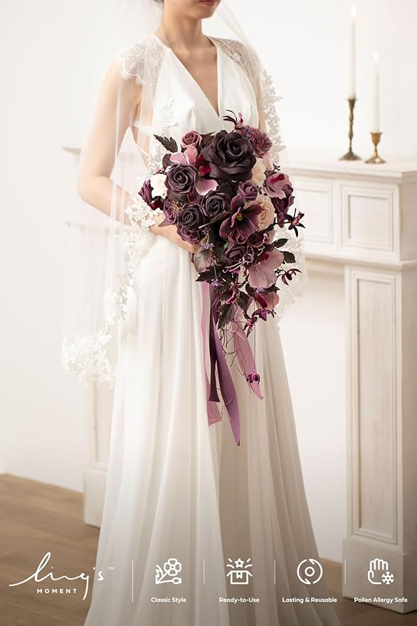 Artificial Flowers Bridal Bouquet, Deep Plum Silk Cascade, 13 Inch Wide