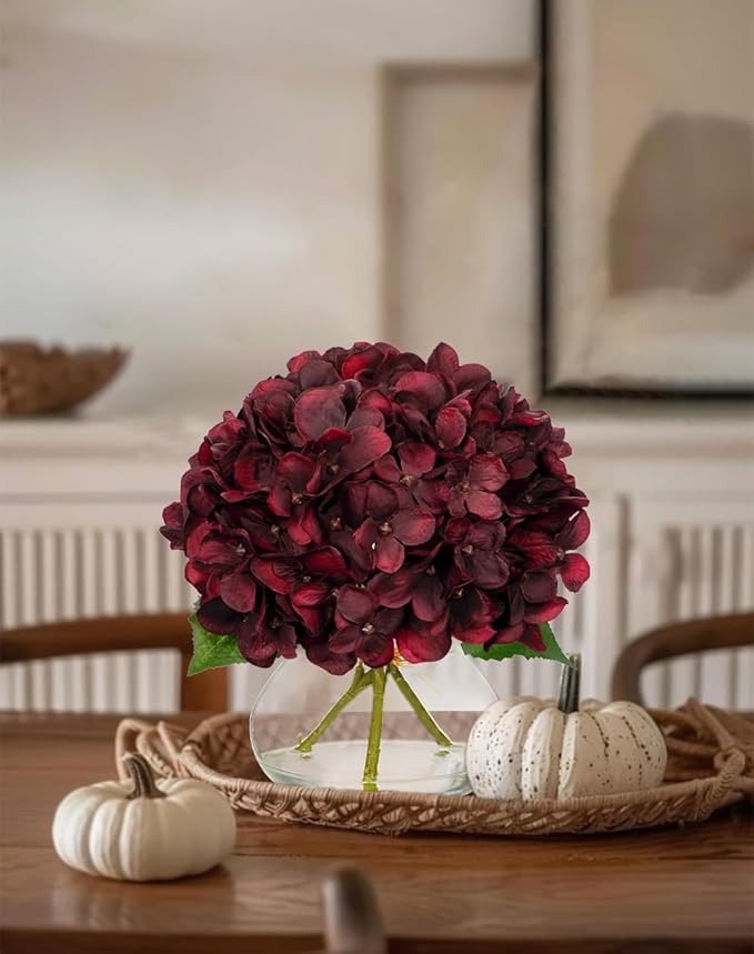 Artificial Flowers, Dark Red Hydrangea Arrangement with Glass Vase