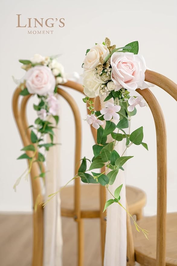 Artificial Wedding Aisle Pew Flowers, 8 Pcs Blush and Cream with Ribbon