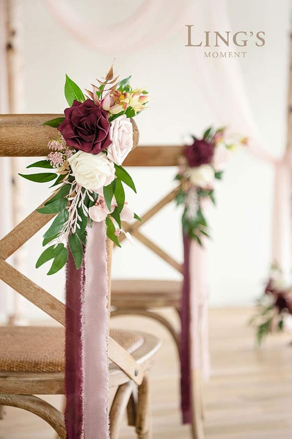 Artificial Rose Aisle Pew Flowers, 8 Pcs Marsala Blush Wedding Chair Decor