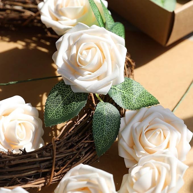 Artificial Flowers: 50 Champagne Rose Heads with Wire Stems, Foam