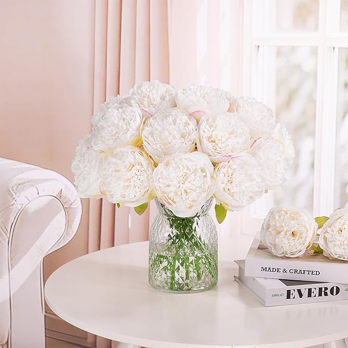 Artificial Peony Flowers, 20 Heads, White Silk-Like Blooms for Home Decor