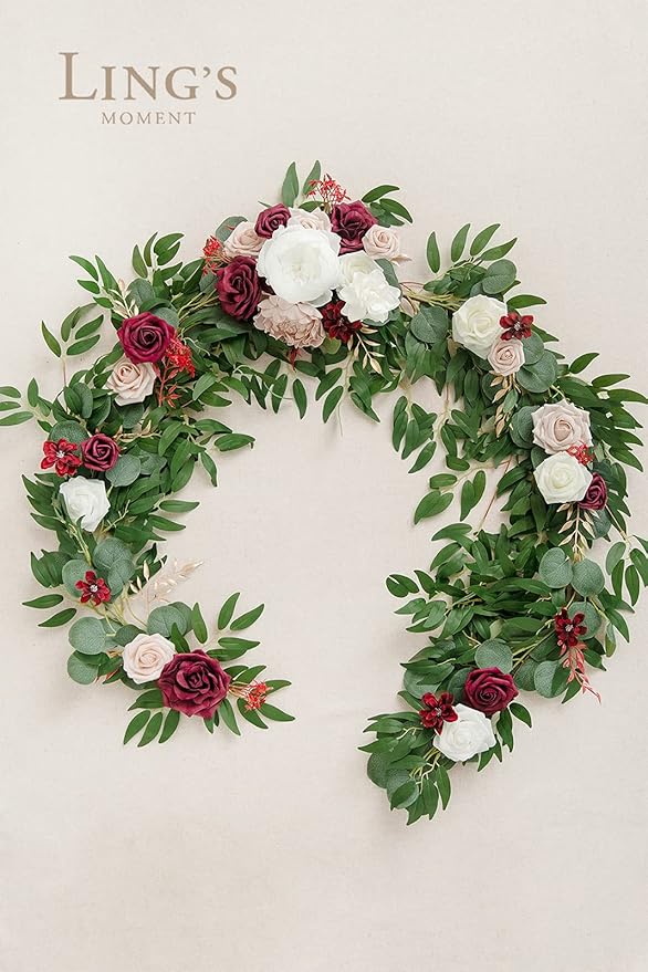 Artificial Flower Garland, 6 Ft Eucalyptus Willow Leaf in Marsala and Blush