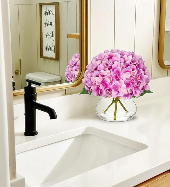 Artificial Flowers: Purplish Pink Silk Hydrangea Arrangement with Glass Vase
