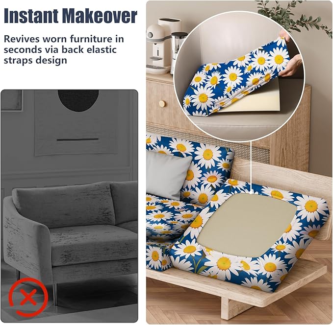 Cushion Covers 8 Pack Stretch-Fit Daisy Flower Patio Chair Covers