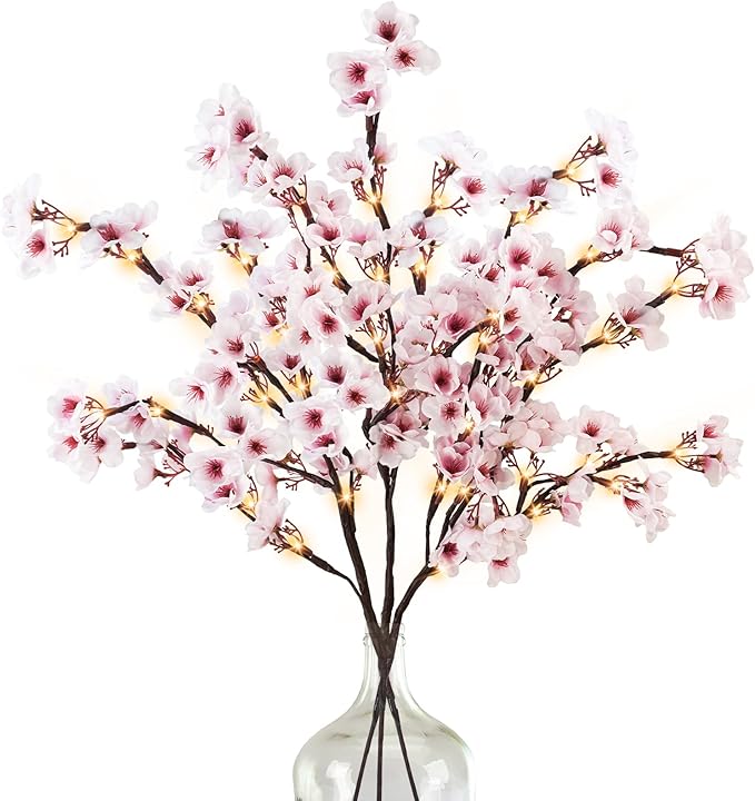 Artificial Flowers: Pink Cherry Blossom Branches with 60 LED Lights, 30 Inch