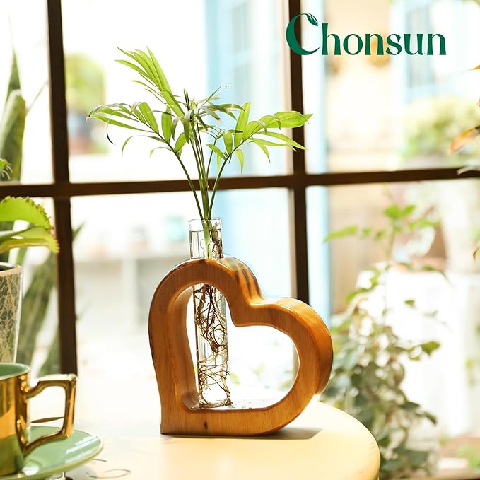 Terrarium Heart Shaped Glass Tube Plant Stand, Pine Wood, Brown