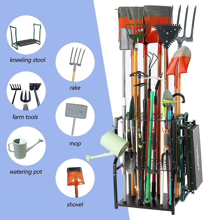 Storage Rack, Iron Corner Garden Tool Organizer, Free Standing, 40 Holes
