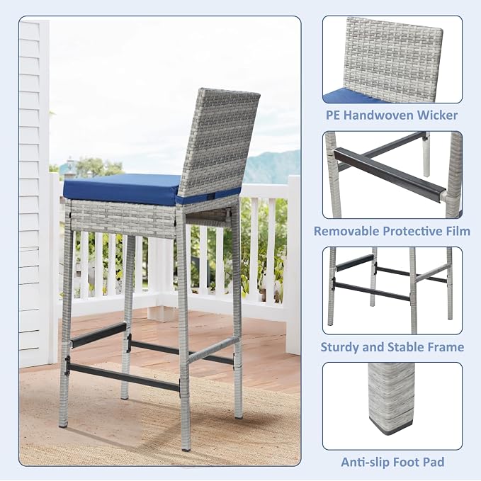 ECOTOUGE Outdoor Bar Stools Set of 2, Wicker Woven Patio Stools & Patio Bar - Image 5
