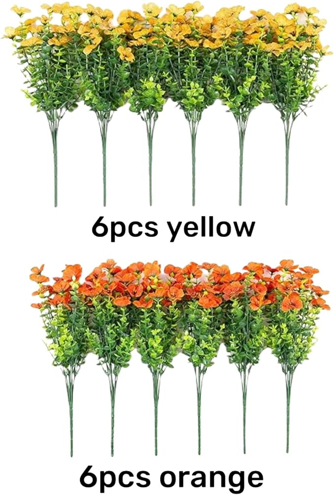 Artificial Daisy Flowers, 12 Bundles, Orange-Yellow with Eucalyptus Leaves