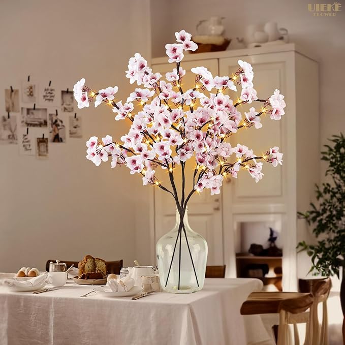Artificial Flowers: Pink Cherry Blossom Branches with 60 LED Lights, 30 Inch