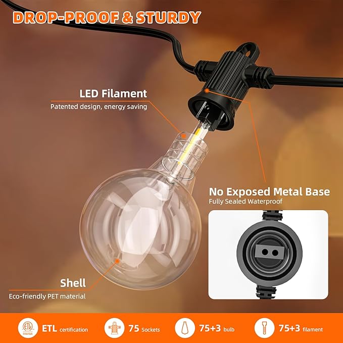 String Lights 150FT Warm White LED, IP65 Waterproof, Shatterproof