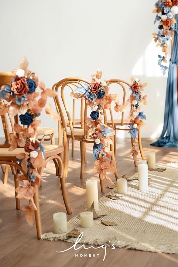 Artificial Wedding Aisle Flower Swags, 10 Pieces, Russet Orange and Denim Blue