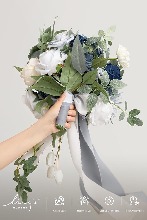 Artificial Bridal Bouquet, Dusty Blue Cascade with Pearls, 15 Inch