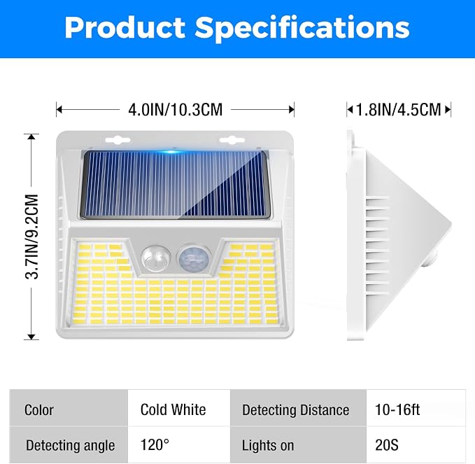 Peasur White Frame Solar Motion Sensor Lights Outdoor, 2 Packs 180LED Warm - Image 6