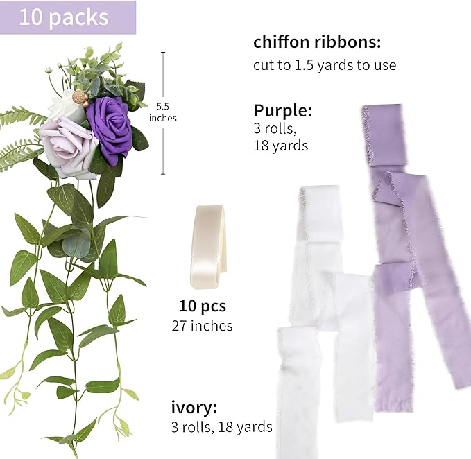 Artificial Flowers, Set of 10 Purple Rose Pew Decor for Aisle Chairs