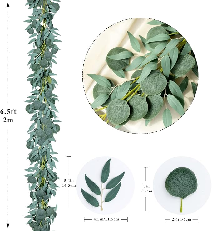 Artificial Plants Greenery Garland, 5 Pack Green Eucalyptus, 6.56 Ft Each