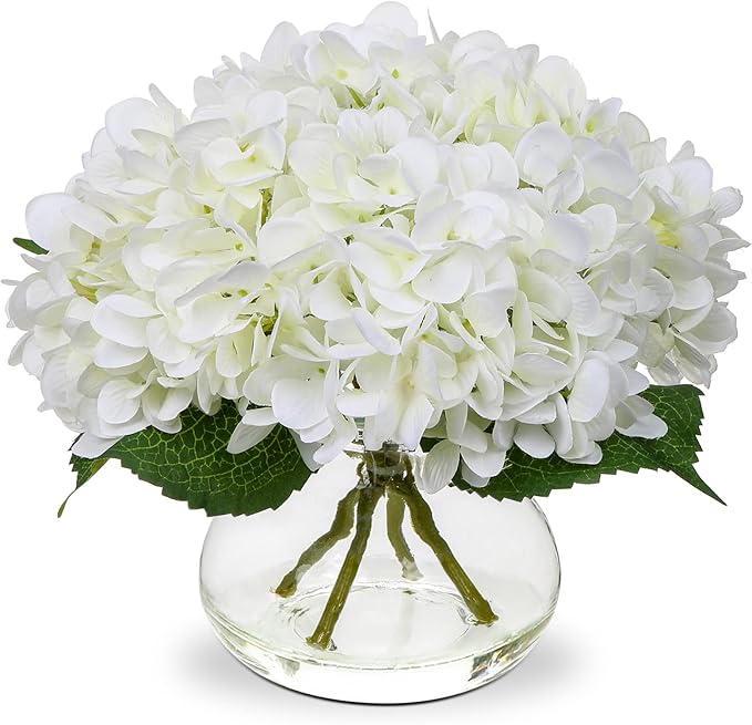Artificial Hydrangea Flowers in Glass Vase, White Silk, 4 Heads