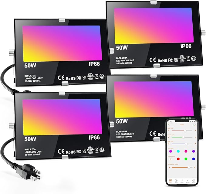 Flood Security Lights 4 Pack, 50W RGB Color Changing, IP66 Outdoor