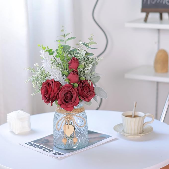Artificial Flowers in Glass Vase, Burgundy Silk Rose Arrangement