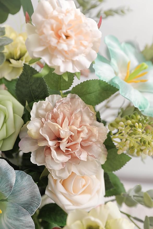 Artificial Flowers Mixed Silk Bundle, Dahlia Rose Lily and Tulip Blooms