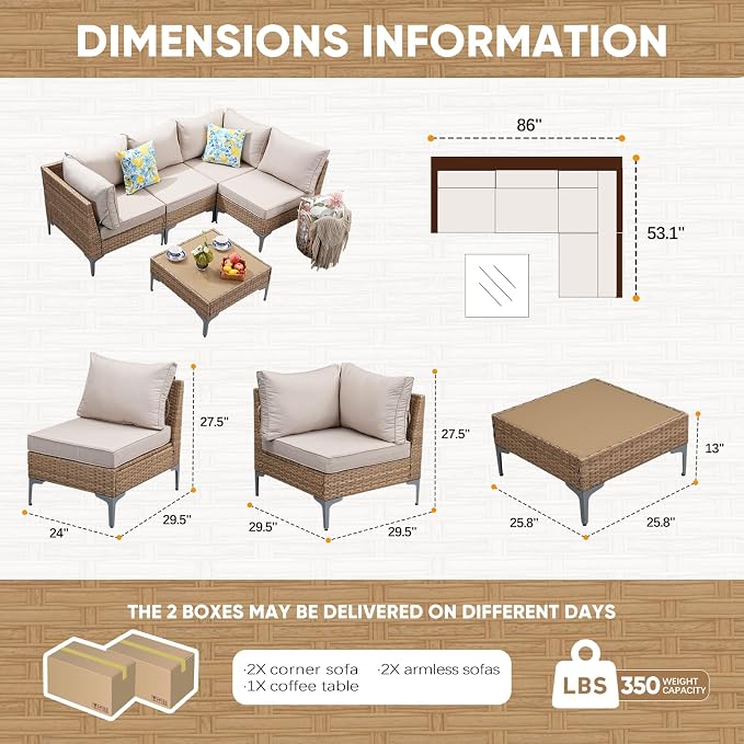 5 Piece Wicker Patio Furniture Set, Outdoor Conversation Sectional Sofa - Image 3