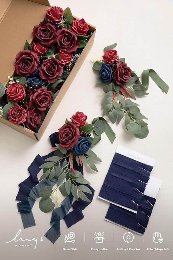 Artificial Flowers Wedding Aisle Pew Markers, 8 Pack, Burgundy and Navy