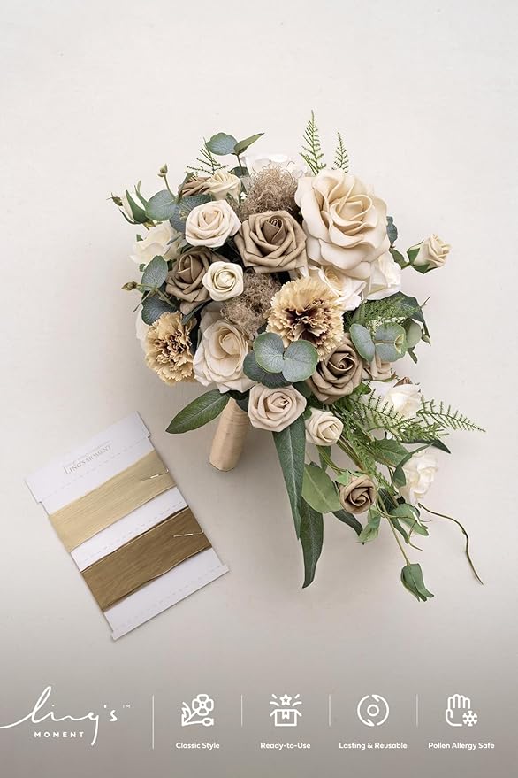 Artificial Cascade Bridal Bouquet, Brown Beige Silk Flowers, 13 x 20 in
